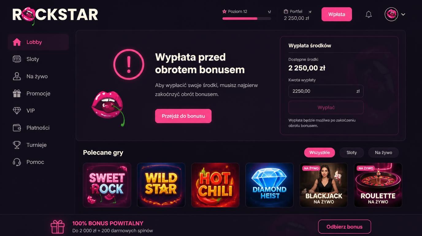 Użytkownik na ekranie kasyna z komunikatem o wypłacie przed obrotem