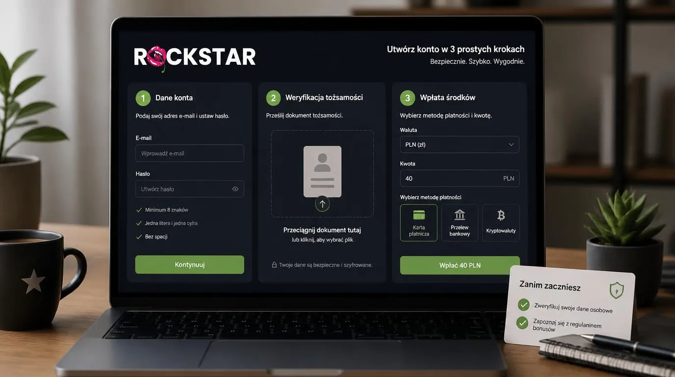 Panel rejestracji konta, przesyłania dokumentów KYC i pierwszej wpłaty w PLN