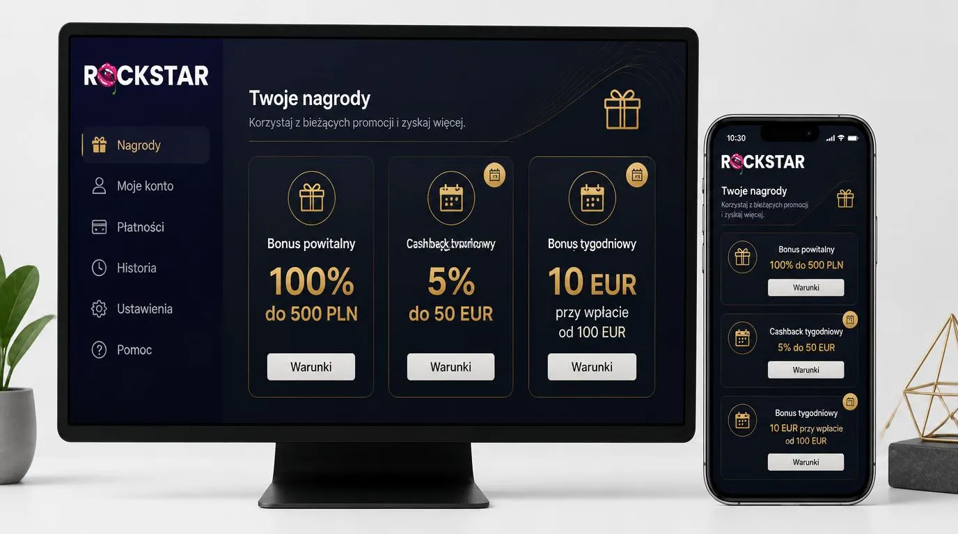 Panel promocji z bonusem 100% do 500 PLN, cashbackiem 5% do 50 EUR i tygodniowym bonusem 10 EUR