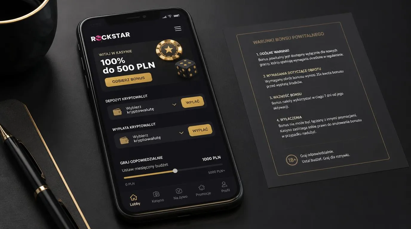 Telefon z panelem bonusu 100% do 500 PLN i opcjami wpłaty oraz wypłaty kryptowalut