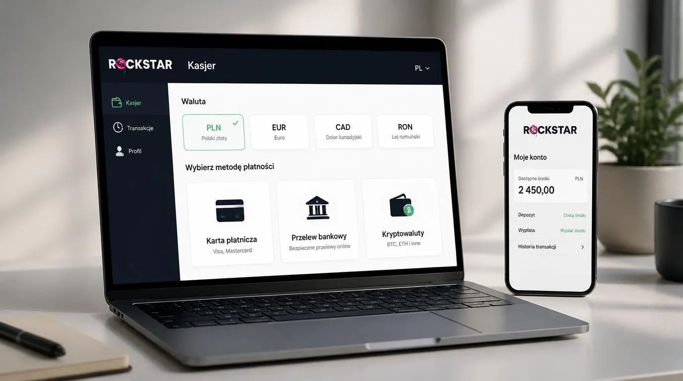 Panel kasjera z wybraną walutą PLN, kartą płatniczą, przelewem bankowym i portfelem kryptowalutowym
